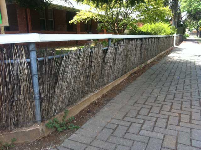 Image:   The brushwork in this fence should be replaced with new machine compressed never-sag panels.  The posts and base are still in good condition and can be re-used.  Using 2120mm high panels split into two strips is a cost effective replacement option.