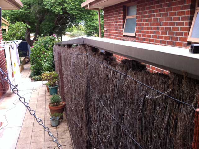 Image:  This hand packed fence would only be about 12 years old and should not have sagged.  The brush is quite thick and in good condition and has either come off its base or was badly wired/pinned when installed.
